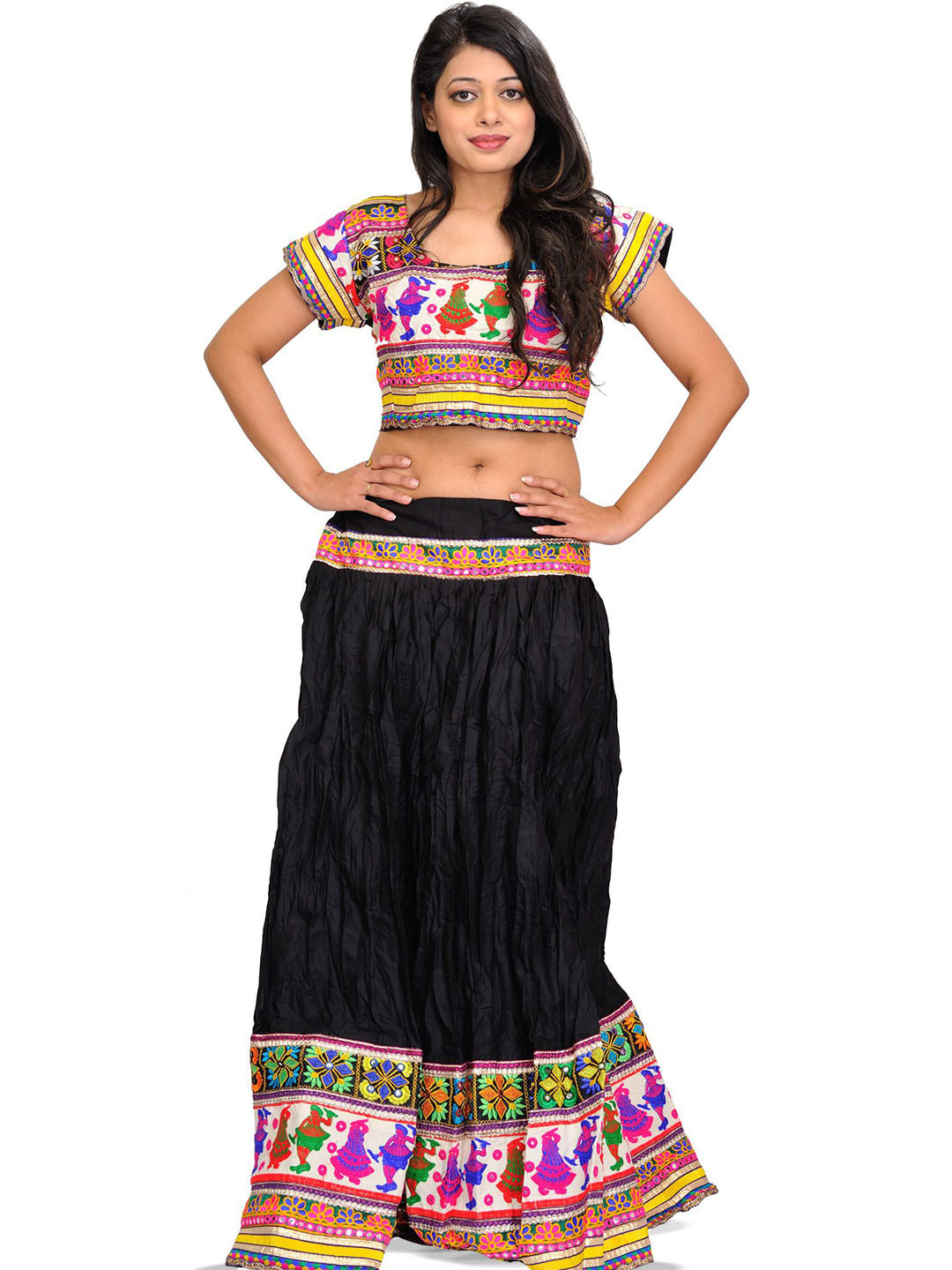 

Exotic India Jet Black Two-Piece Embroidered Lehenga Choli with Dancing Couples on Border