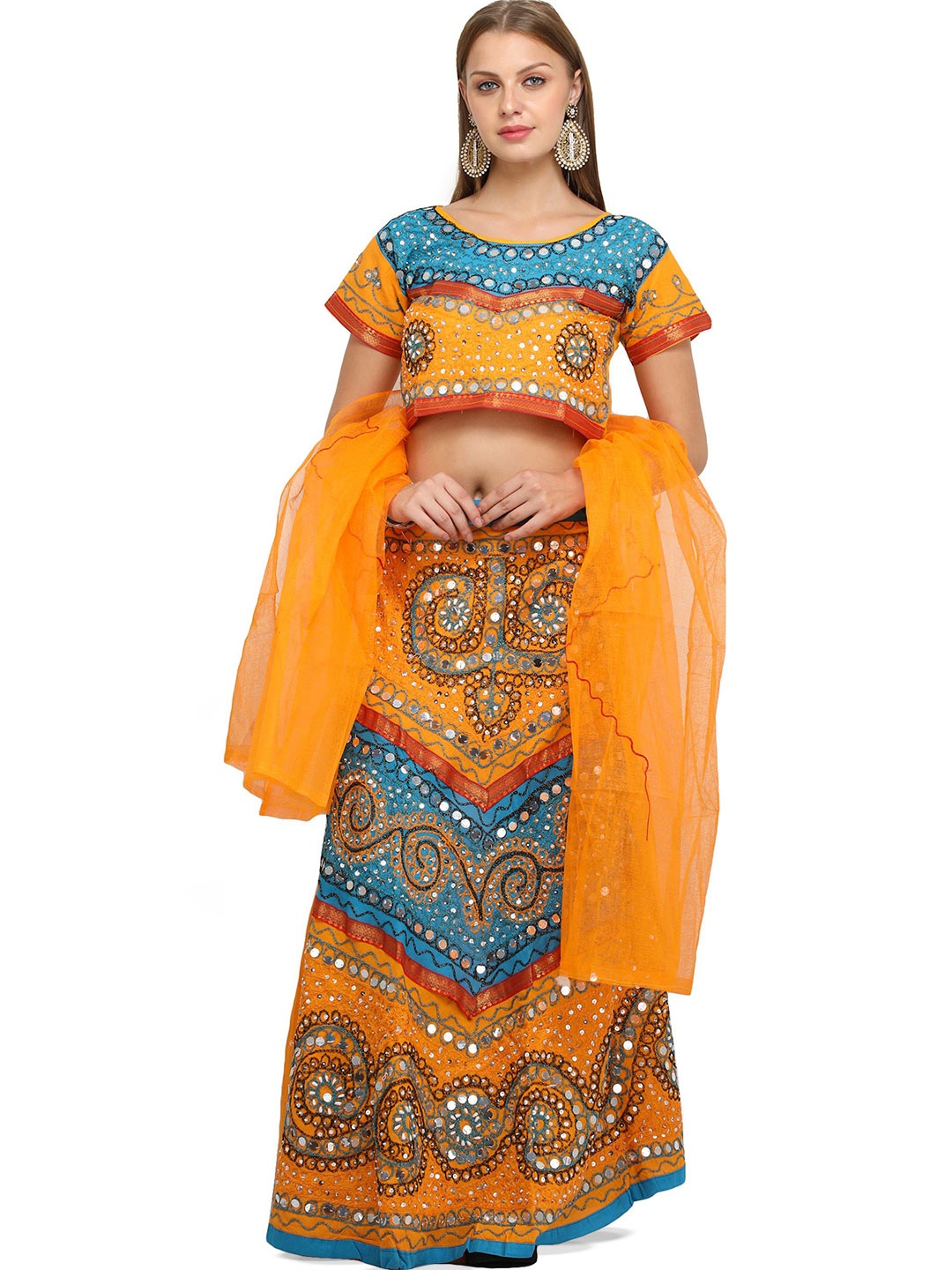 

Exotic India Embroidered Mirror Work Ready to Wear Lehenga & Blouse With Dupatta, Yellow