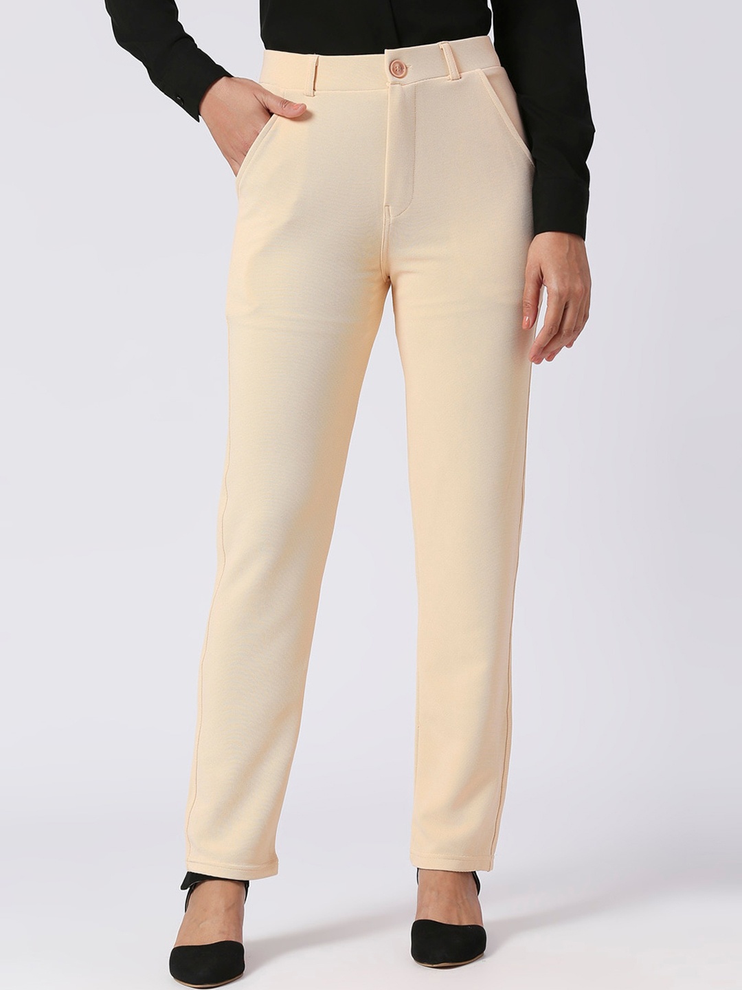 

BAESD Women Slim Fit Easy Wash Trousers, Cream