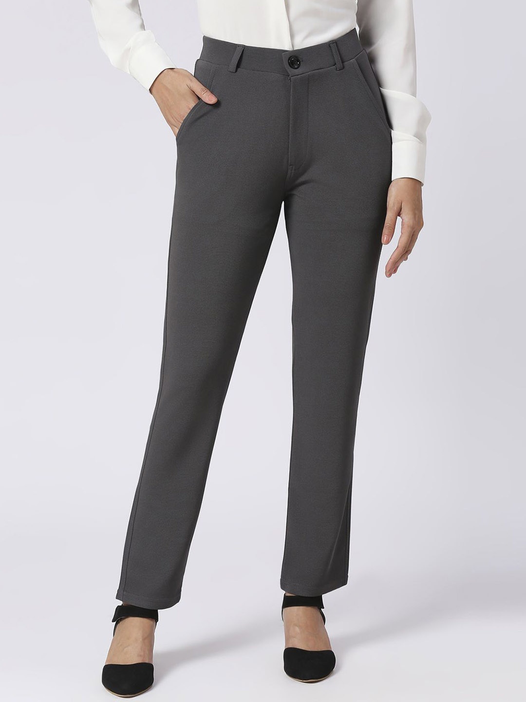 

BAESD Women Mid-Rise Slim Fit Easy Wash Trousers, Grey