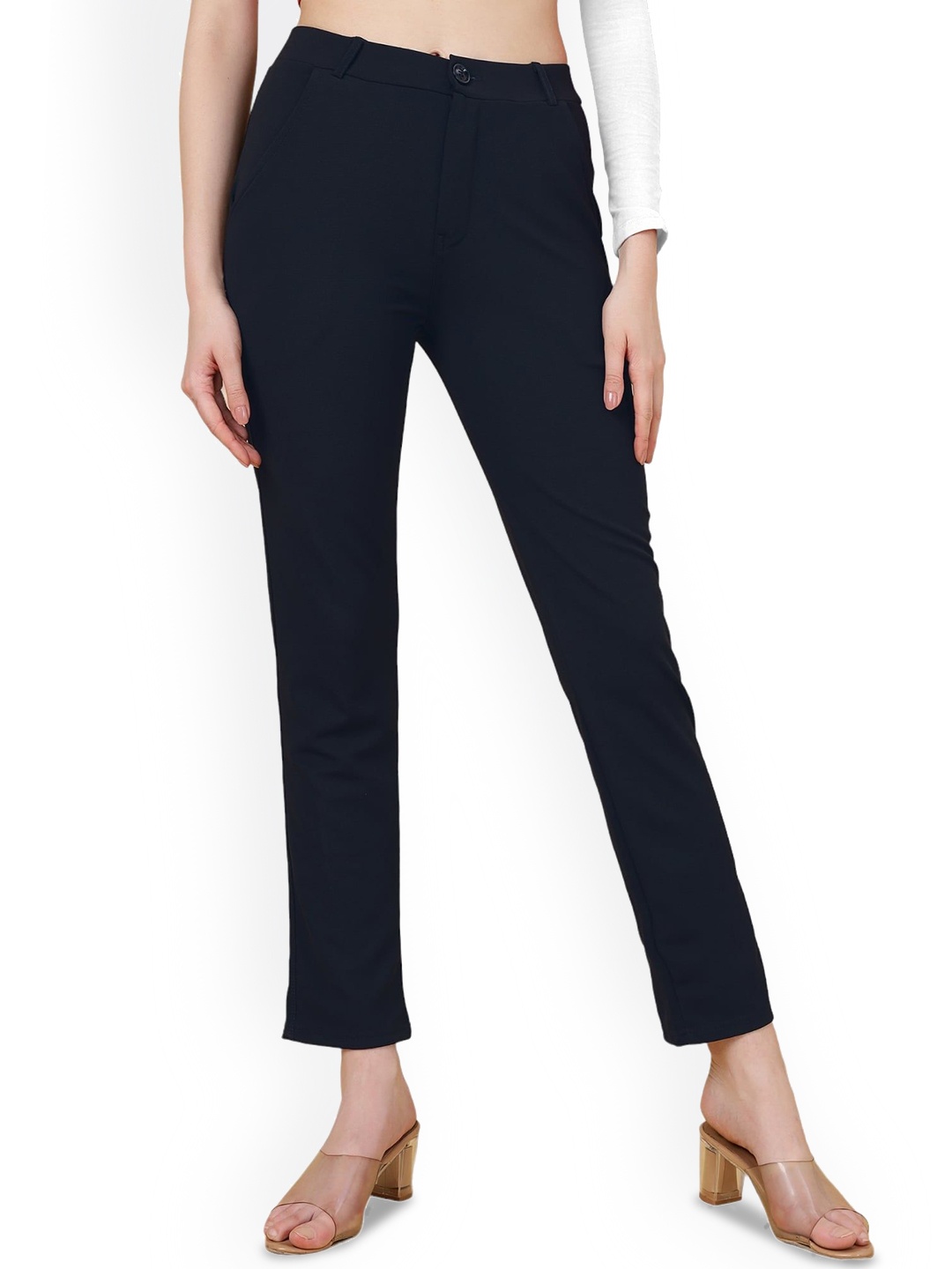 

BAESD Women Mid-Rise Slim Fit Easy Wash Trousers, Navy blue