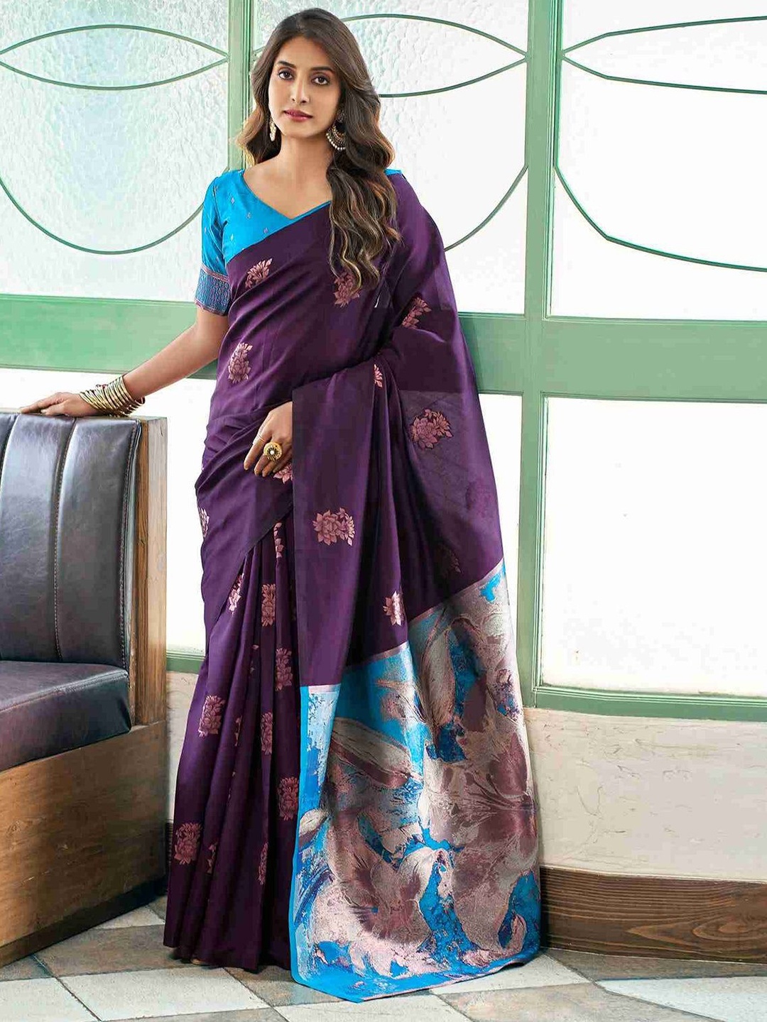 

revika Ethnic Motifs Woven Design Zari Pure Silk Kanjeevaram Saree, Purple