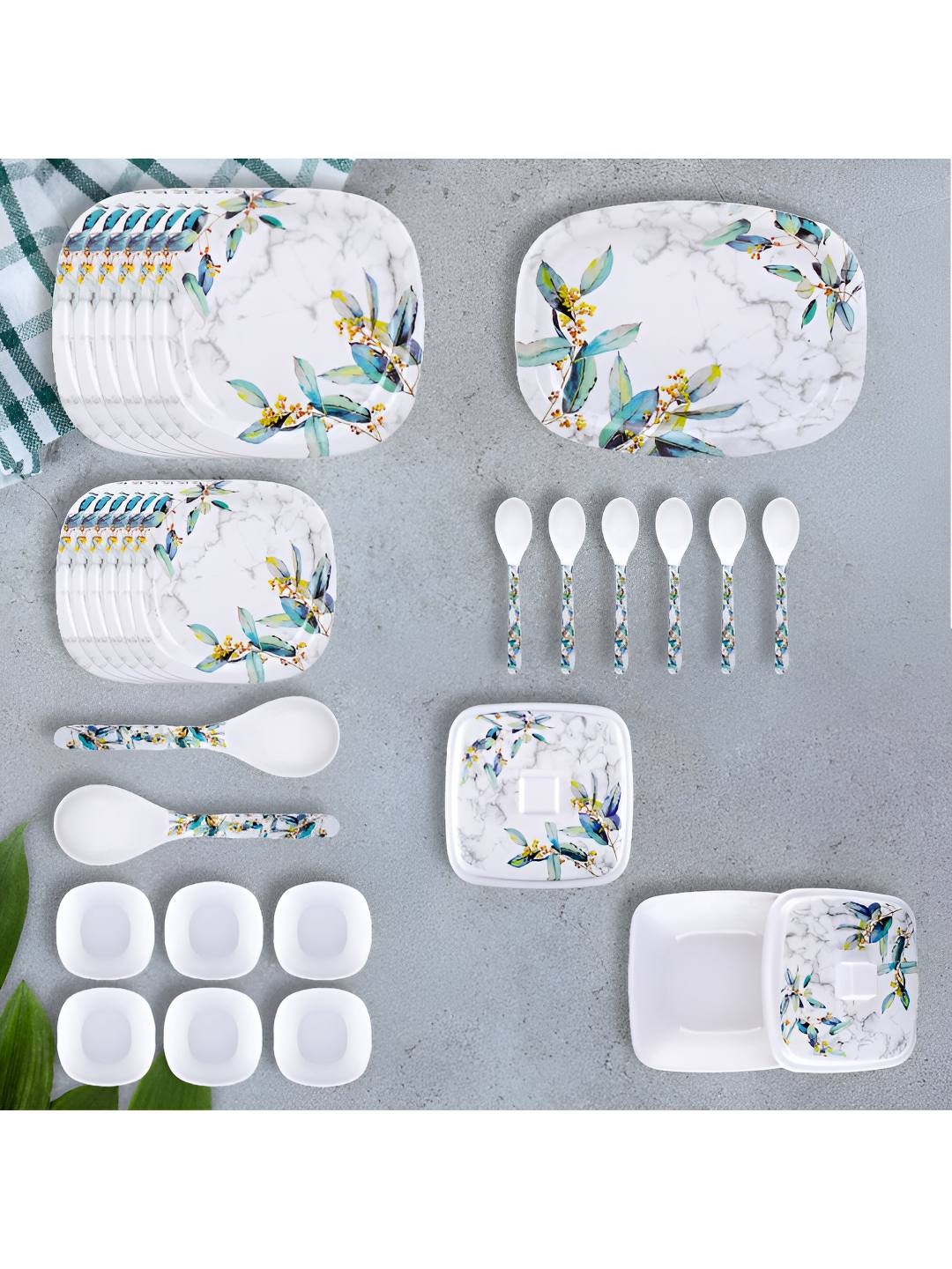 

USHA SHRIRAM White & Blue 31 Pieces Floral Printed Dinner Set