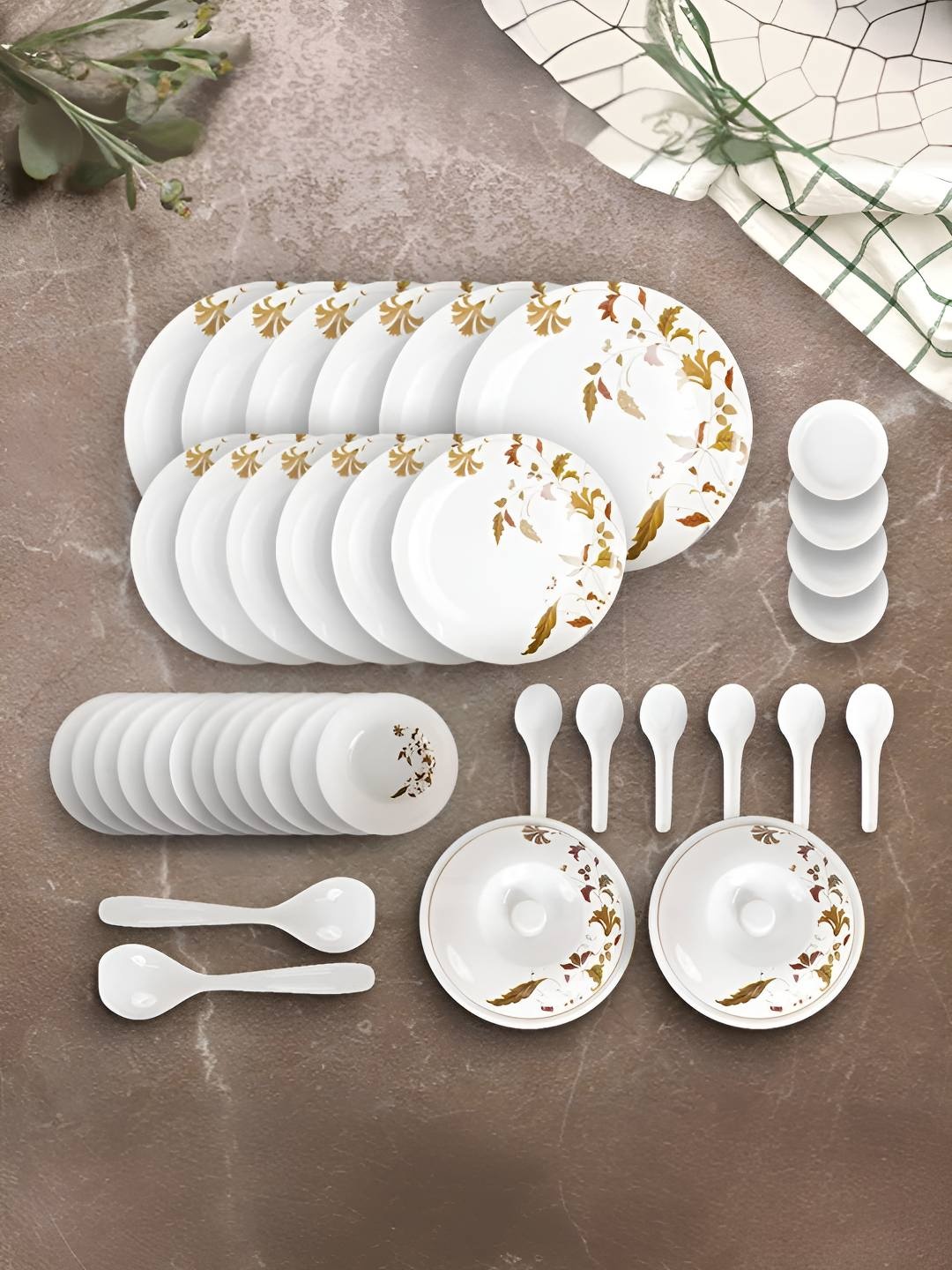 

USHA SHRIRAM Dine Smart White & Brown 40 Pieces Melamine BPA Free Dinner Set