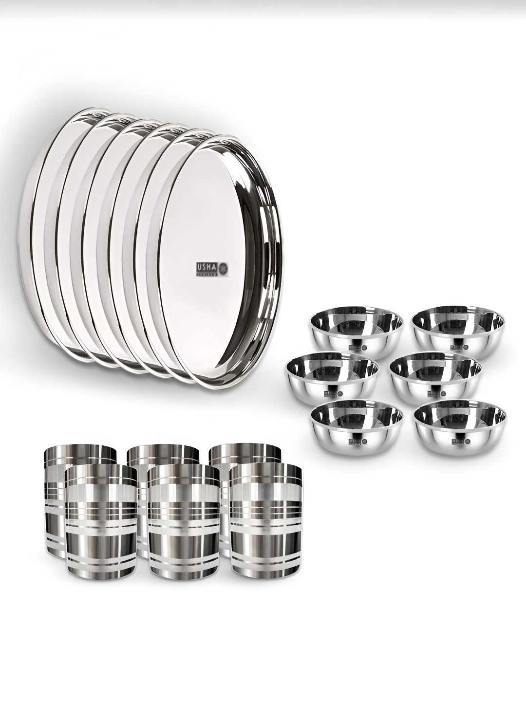 

USHA SHRIRAM Silver Toned 18 Pieces Stainless Steel Dinner Set