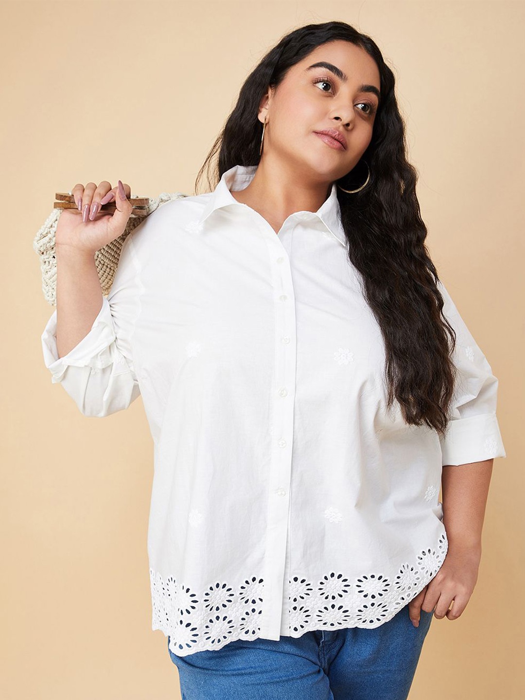 

max Shirt Collar Floral Embroidered Shirt Style Tunic, White
