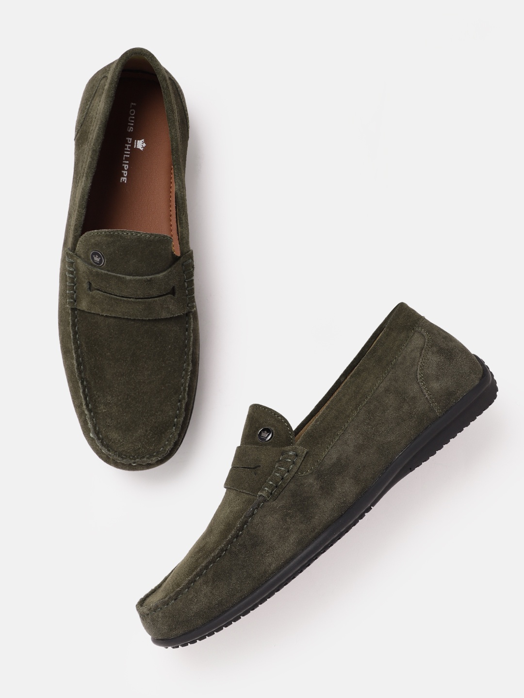 

Louis Philippe Men Leather Penny Loafers, Olive