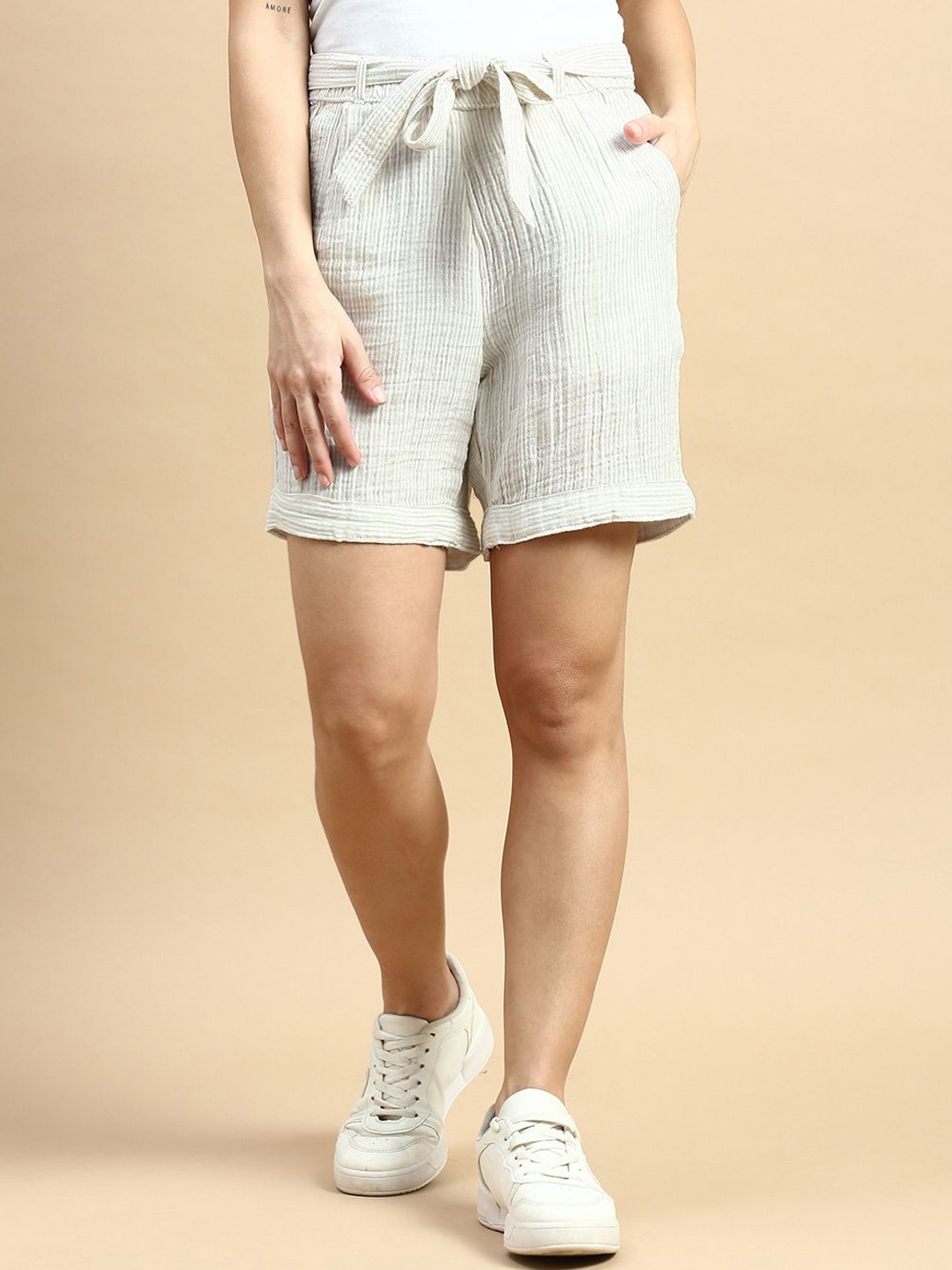 

De Moza Women Striped Technology Shorts, Off white