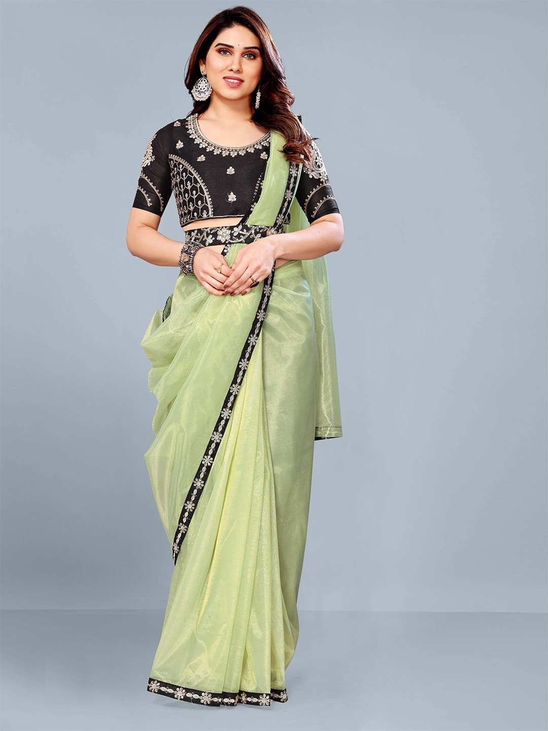 

ISHA TRADE Embroidered Beads and Stones Net Saree, Lime green