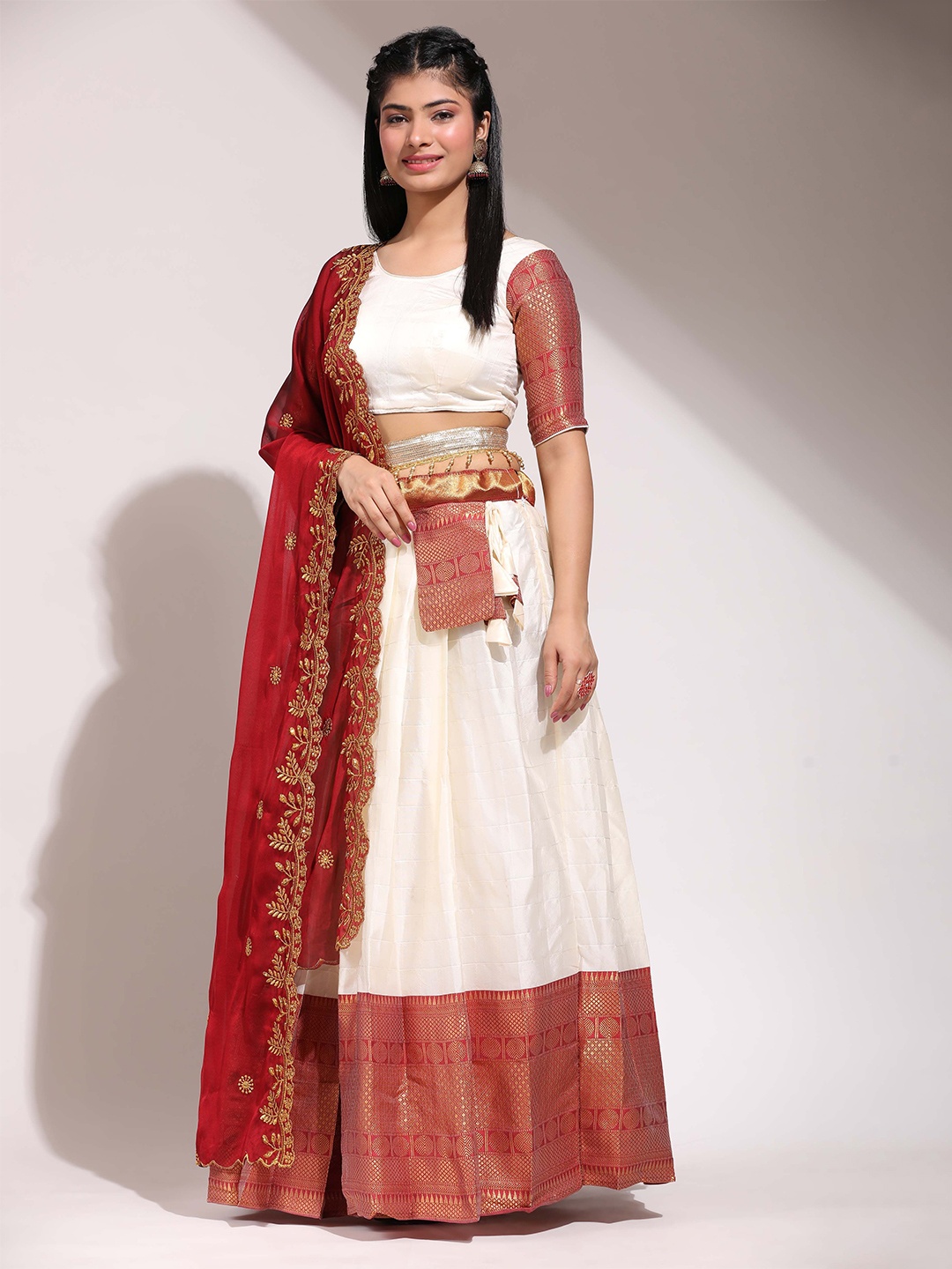 

Fabcartz Semi-Stitched Lehenga & Unstitched Blouse With Dupatta, Cream