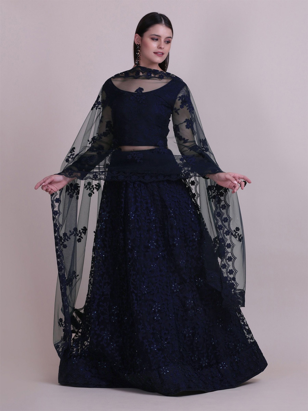 

KALINI Embroidered Thread Work Semi-Stitched Lehenga & Unstitched Blouse With Dupatta, Blue