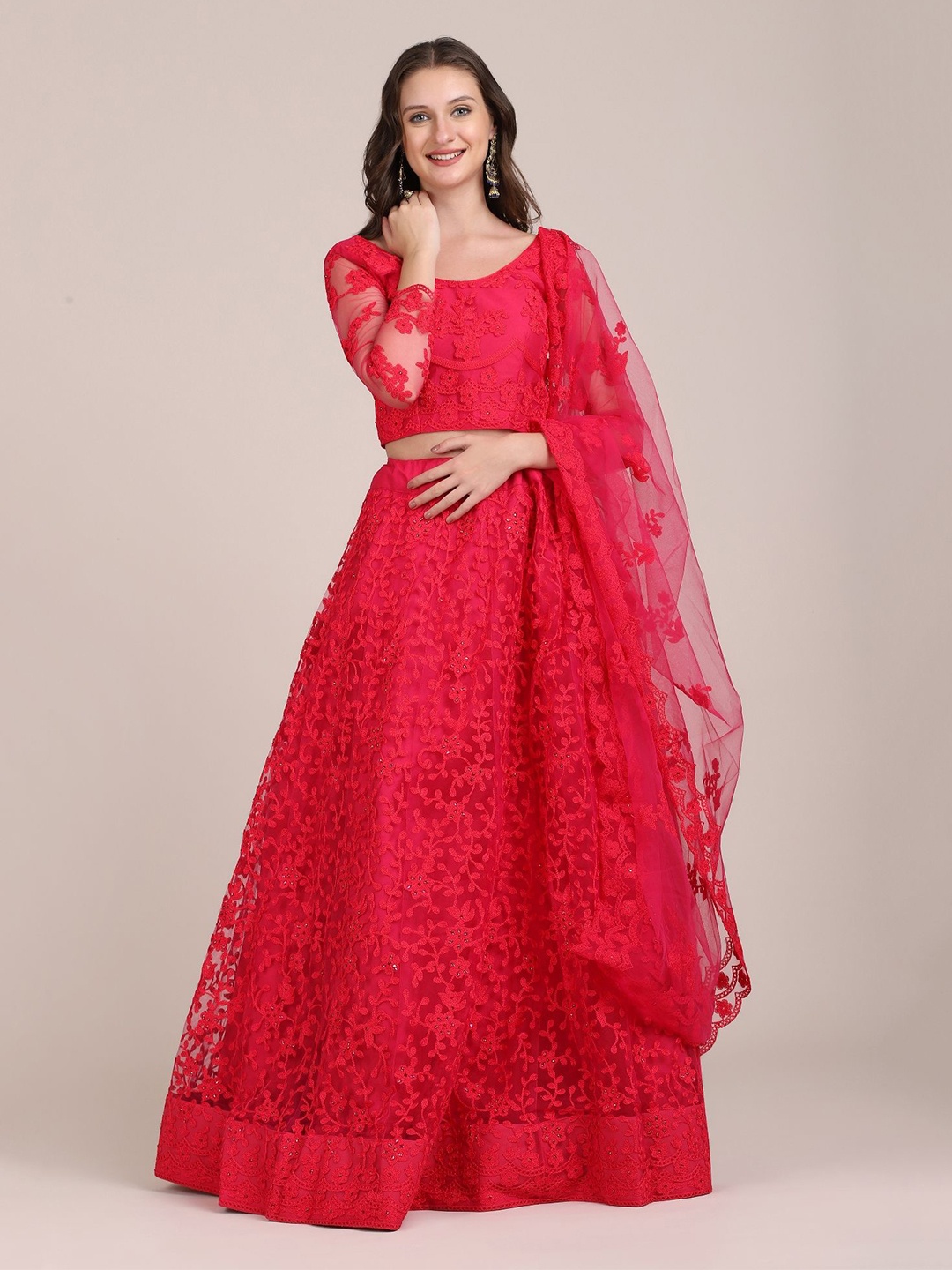 

KALINI Women Embroidered Thread Work Semi-Stitched Lehenga & Unstitched Blouse & Dupatta, Red