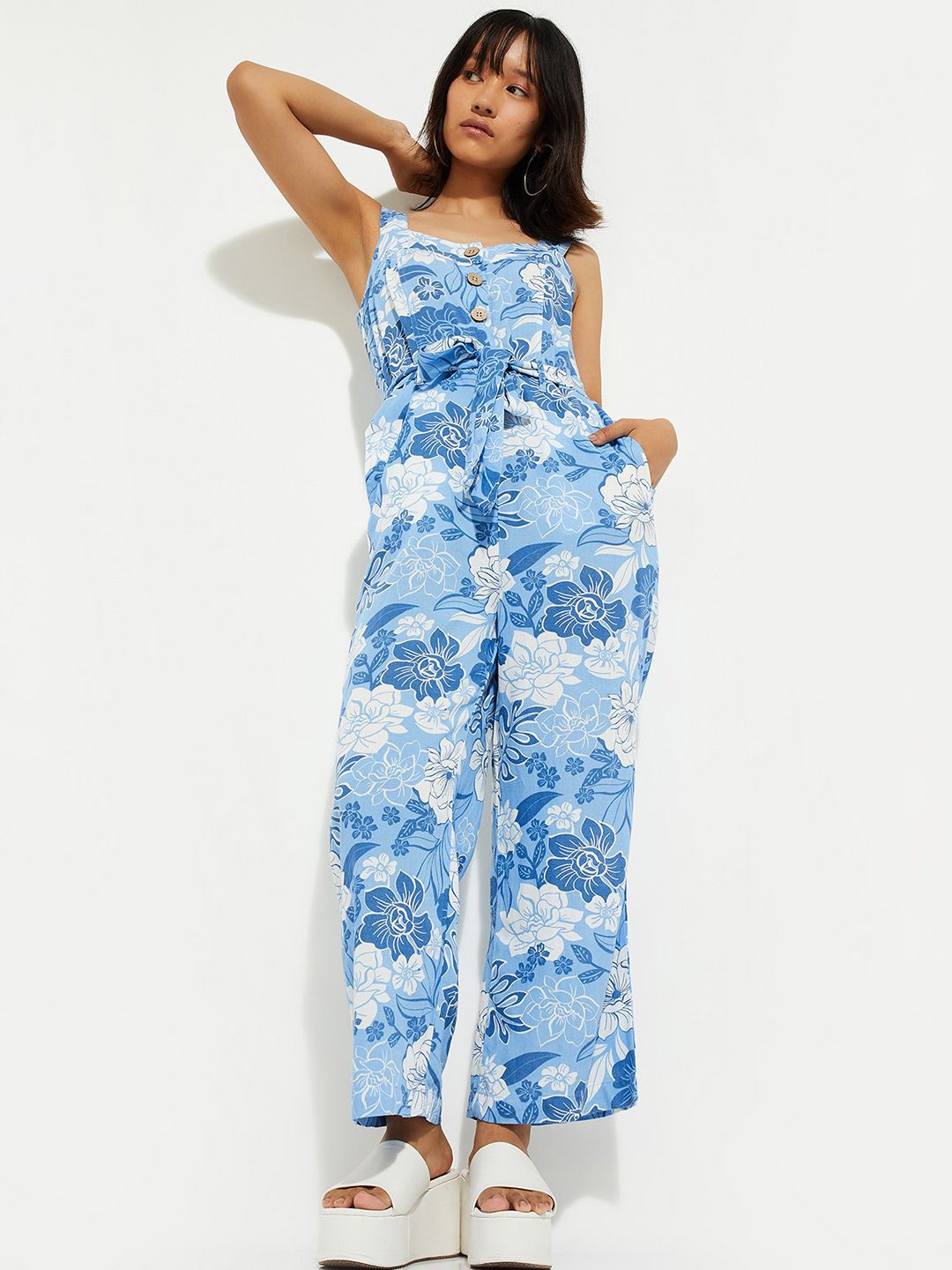 

max URB_N Women Floral Print Sleeveless Jumpsuit, Blue