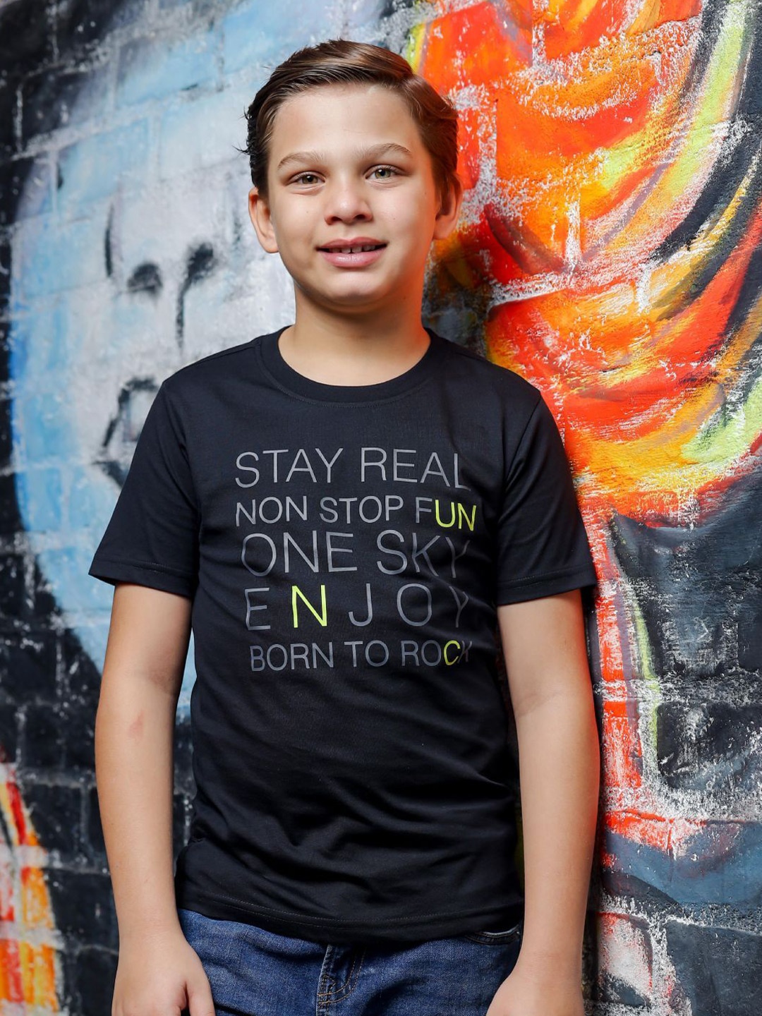 

ONE SKY Boys Round Neck Typography Printed T-shirt, Black