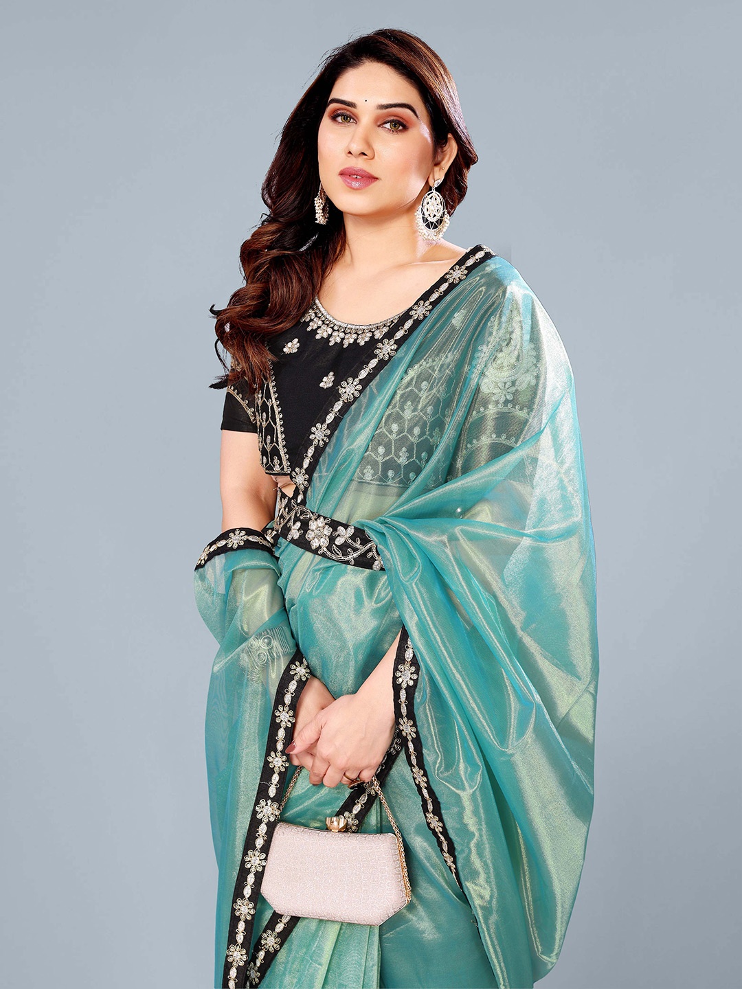 

Ashiya Fab Embellished Net Belted Saree, Blue
