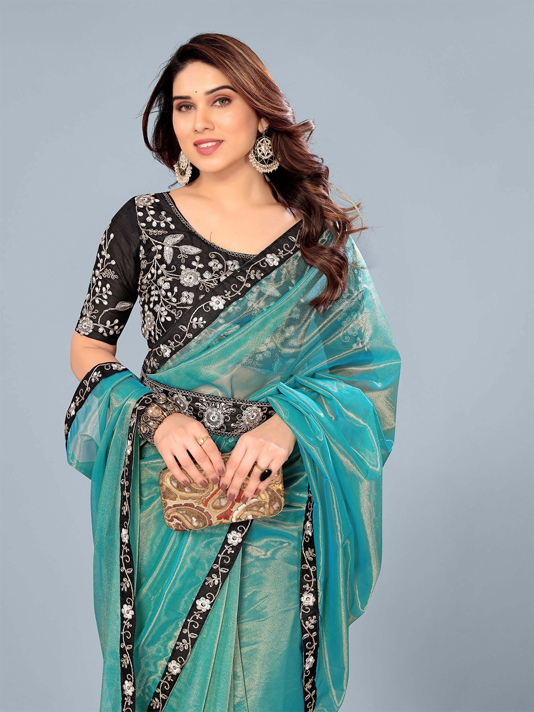 

Ashiya Fab Embellished Embroidered Net Belted Saree, Blue