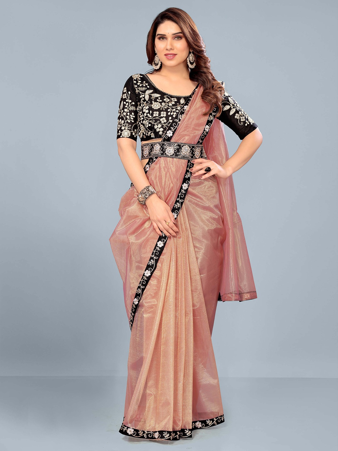 

Ashiya Fab Embroidered Heavy Work Embellished Net Saree, Rose gold
