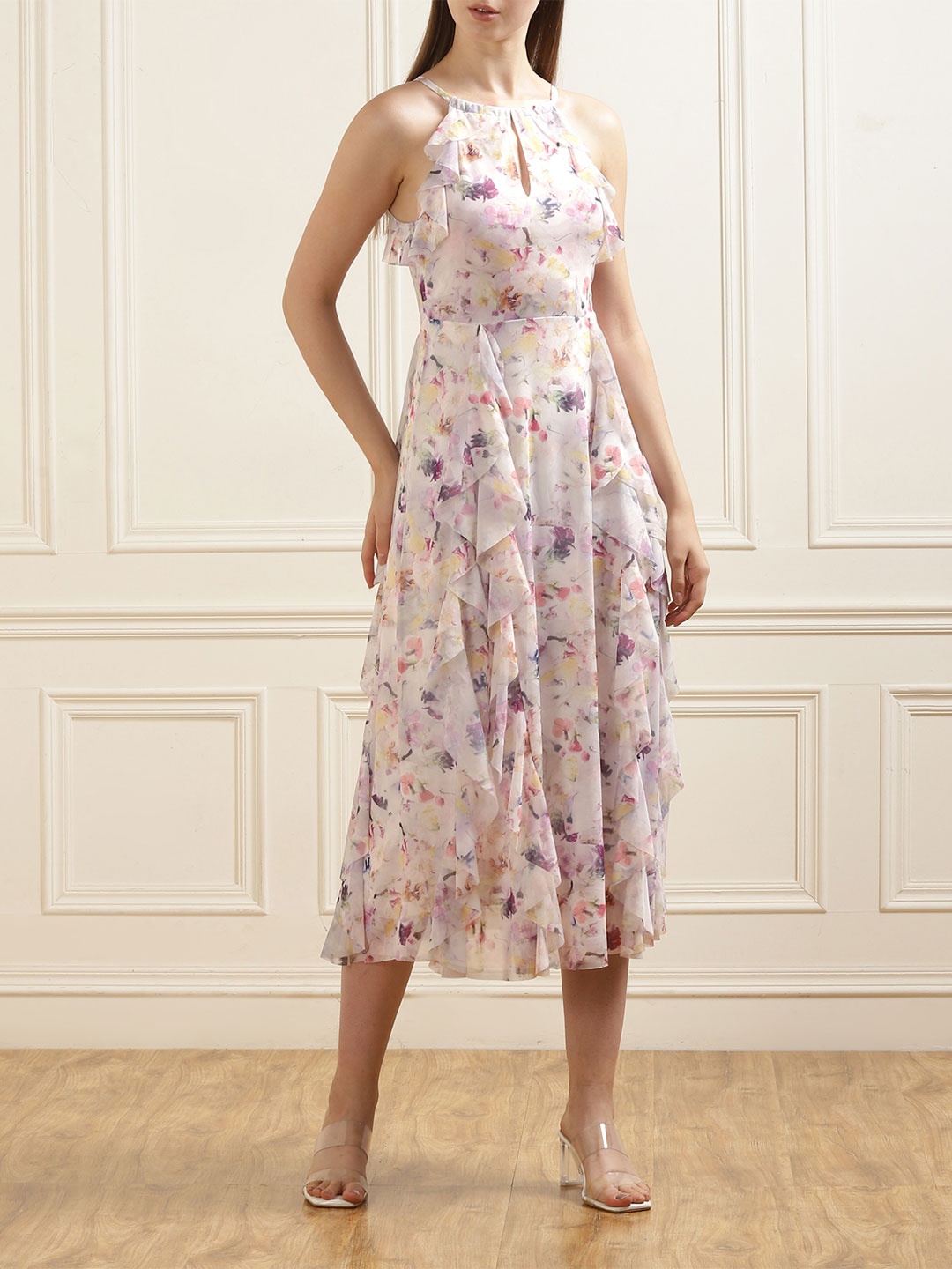 

Ted Baker Floral Printed Halter Neck Sleeveless Ruffles Fit & Flare Midi Dress, White