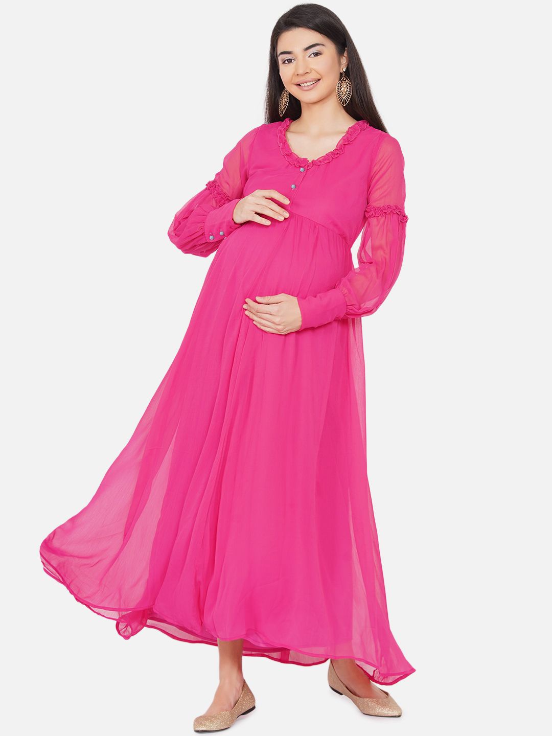 

Mine4Nine Round Neck Cuff Sleeve Maternity Maxi Dress, Pink