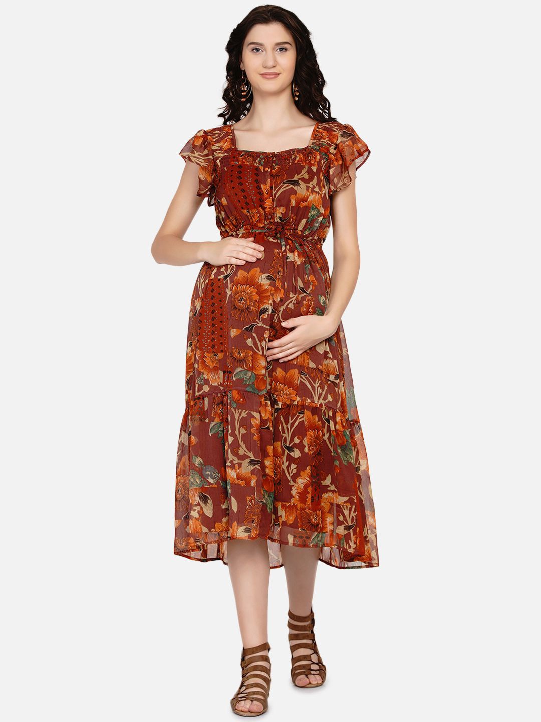 

Mine4Nine Square Neck Flutter Sleeve Maternity Fit & Flare Midi Dress, Brown