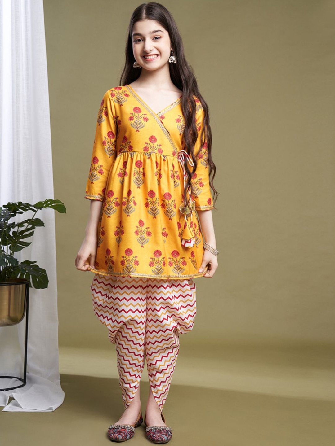 

BAESD Girls Floral Printed Angrakha Kurta with Dhoti Pants, Mustard
