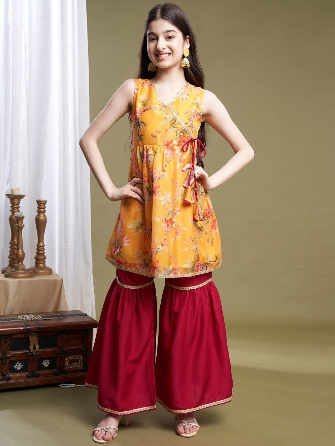 

BAESD Girls Floral Printed Angrakha Kurti with Sharara, Yellow