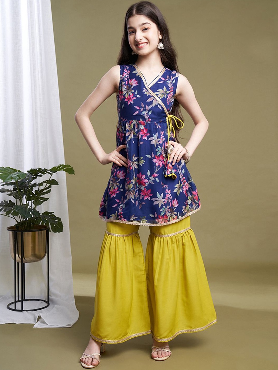 

BAESD Girls Floral Printed Angrakha Kurta with Sharara, Navy blue
