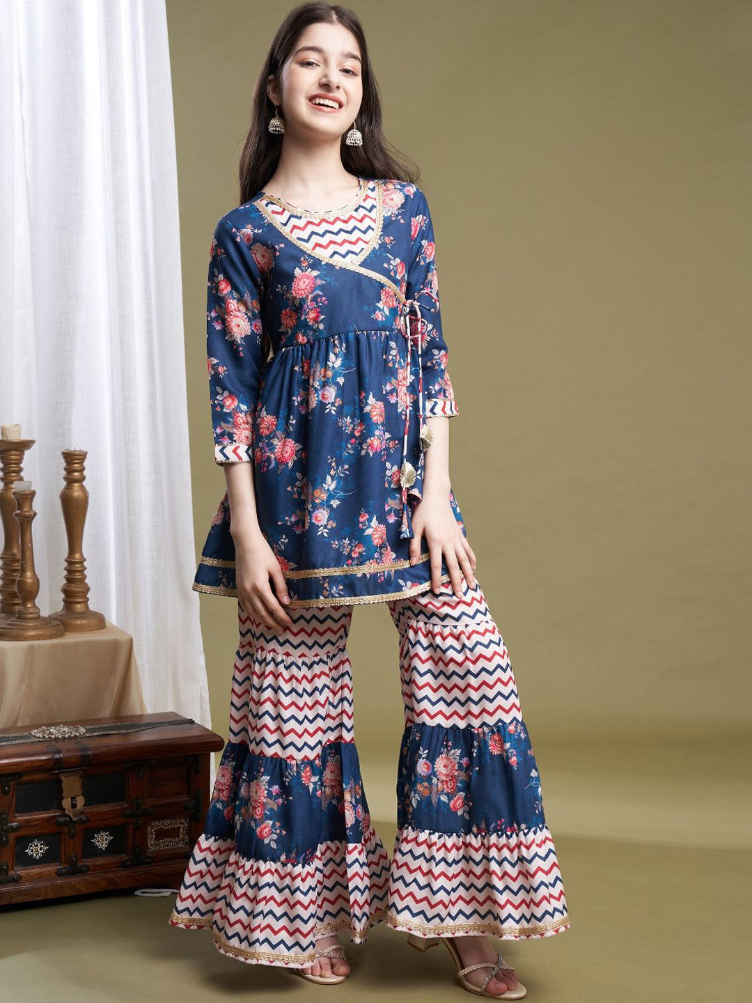 

BAESD Girls Floral Printed Angrakha Kurti with Sharara, Blue