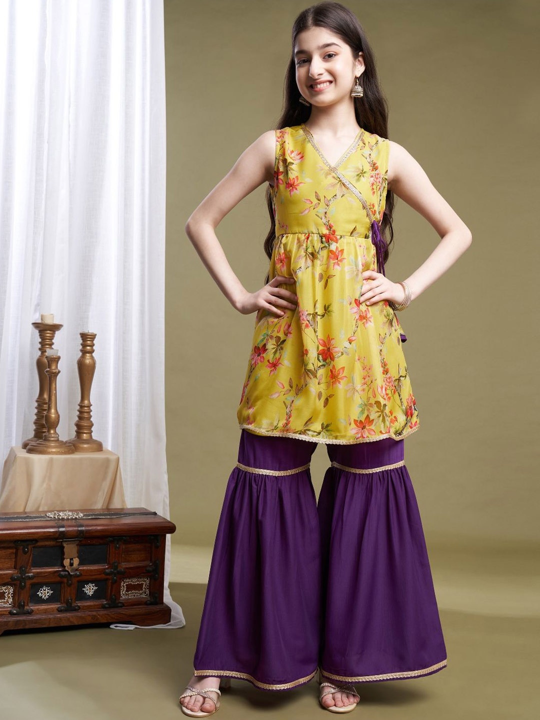 

BAESD Girls Floral Printed Angrakha Kurta with Sharara, Yellow