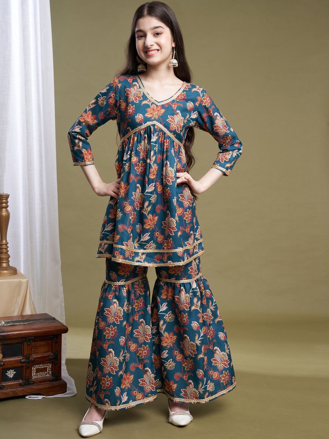 

BAESD Girls Floral Printed Pleated Kurta with Sharara, Teal