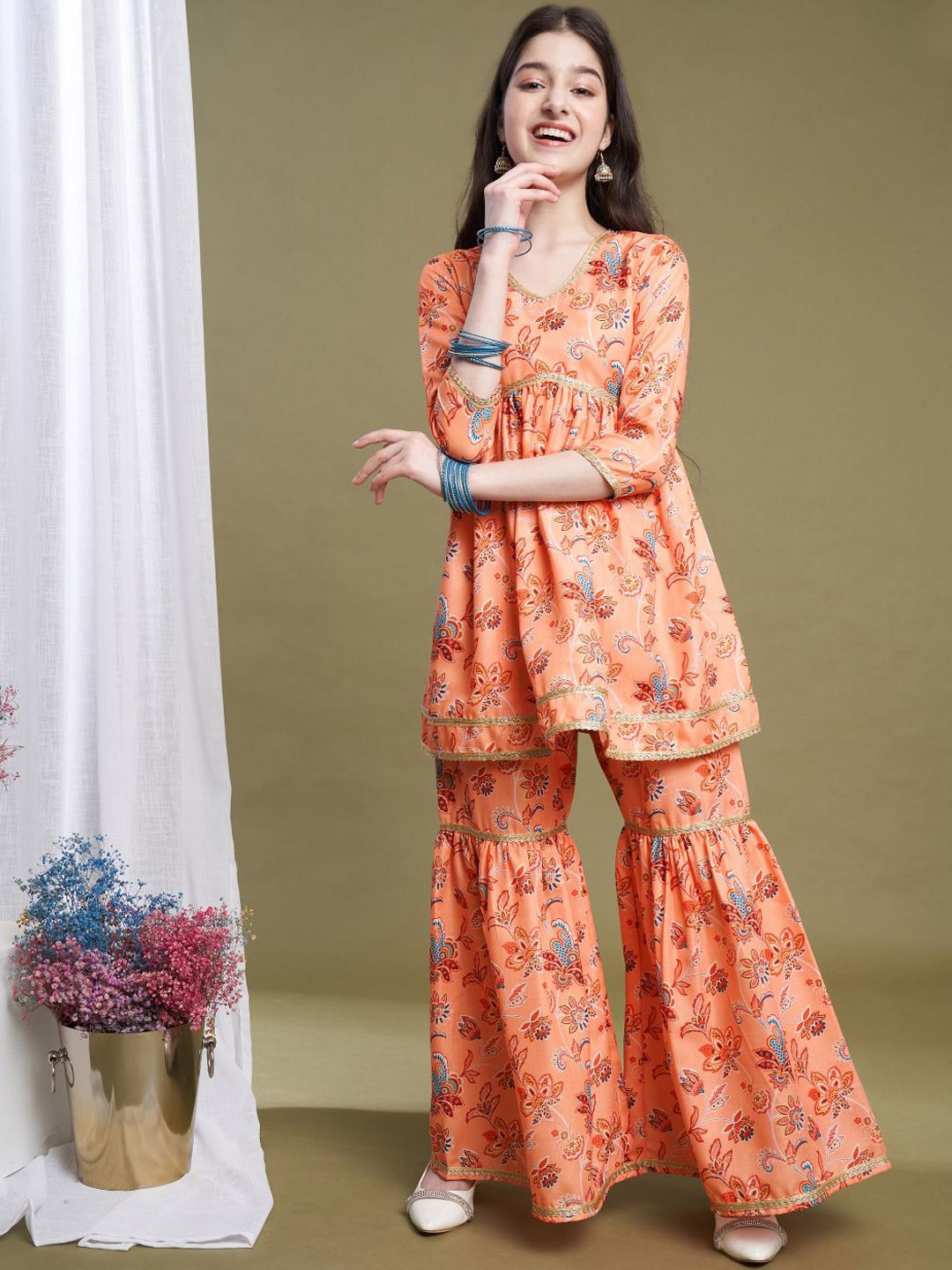 

BAESD Girls Floral Printed Pleated Kurta with Sharara, Orange