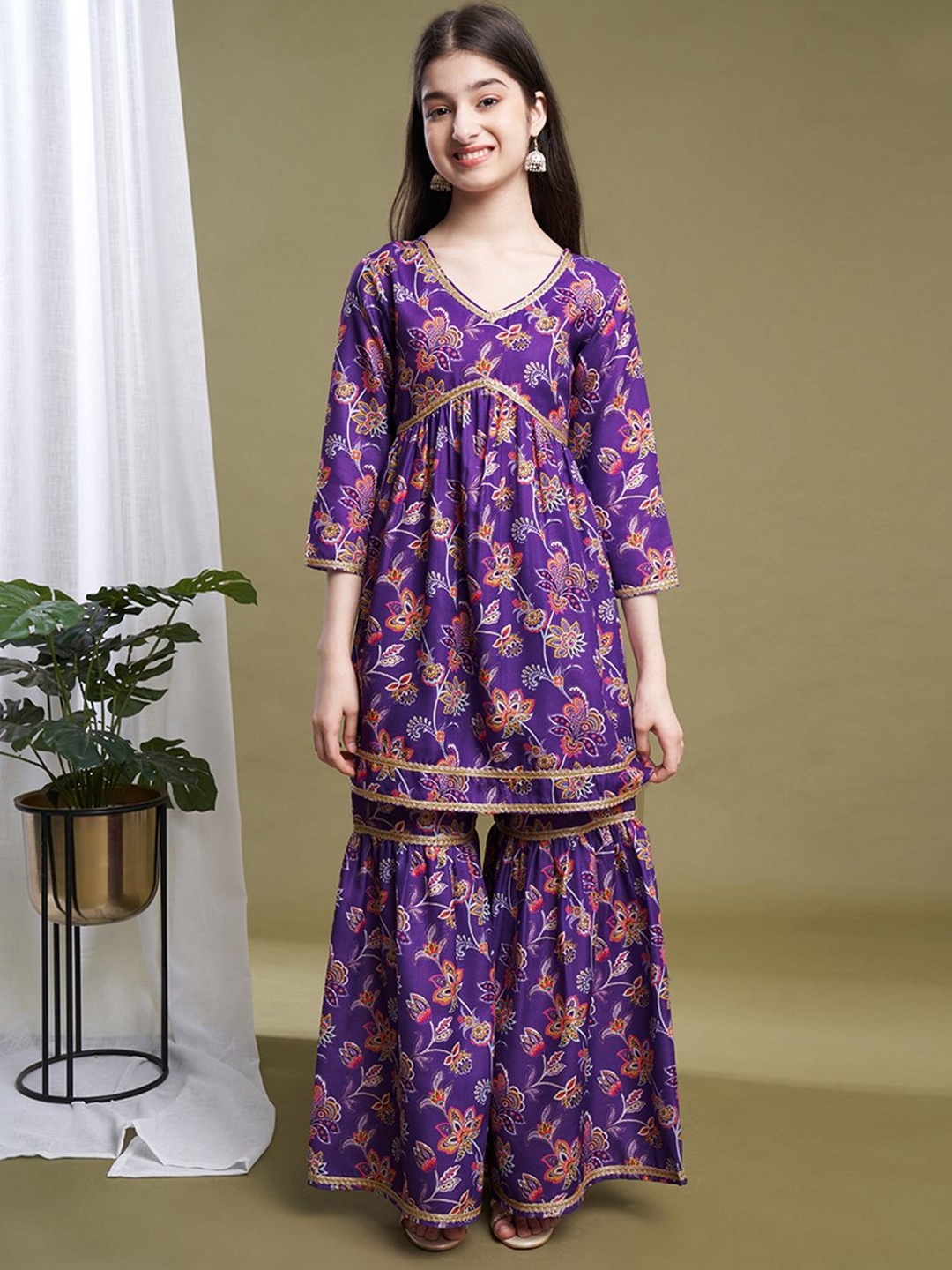 

BAESD Girls Floral Printed Pleated Kurta with Sharara, Violet