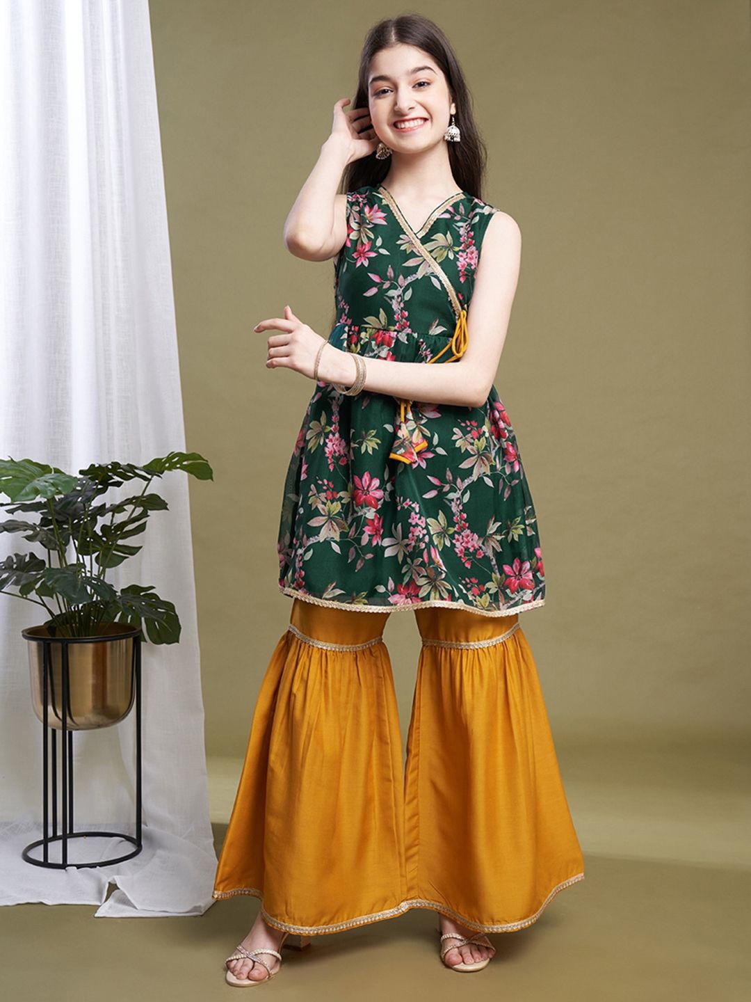 

BAESD Girls Floral Printed Angrakha Kurta with Sharara, Green