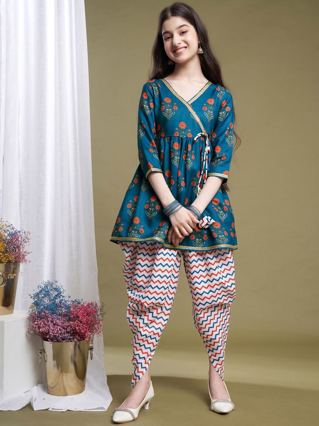 

BAESD Girls Floral Printed Angrakha Kurti with Dhoti Pants, Teal
