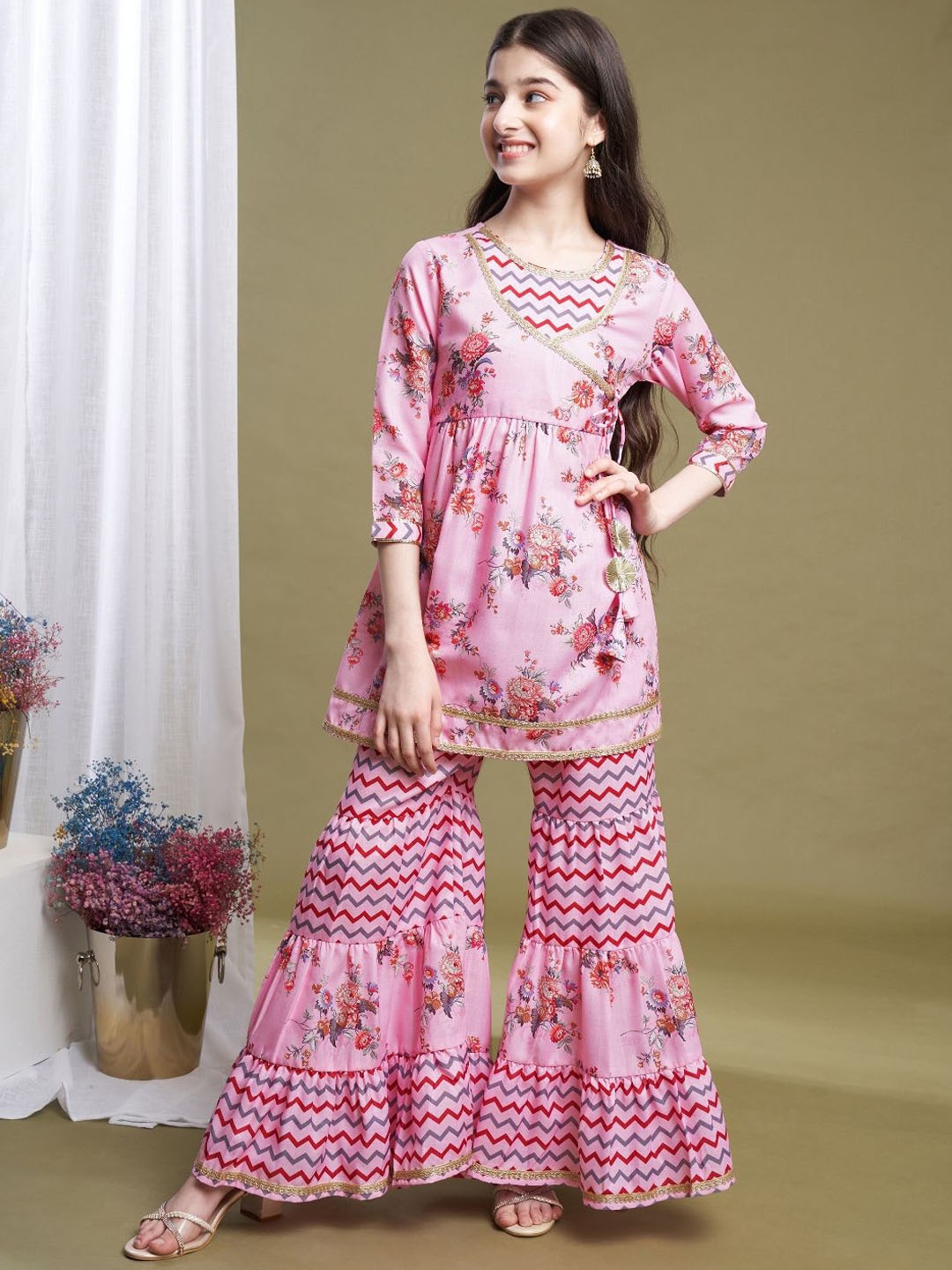 

BAESD Girls Floral Printed Angrakha Kurta with Sharara, Pink