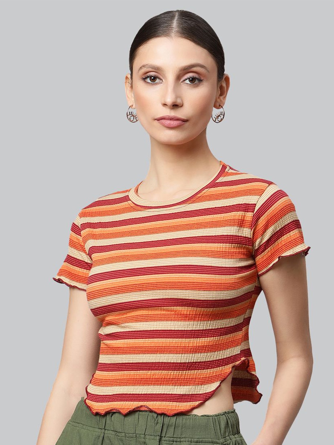 

Global Republic Horizontal Striped Round Neck Top, Brown