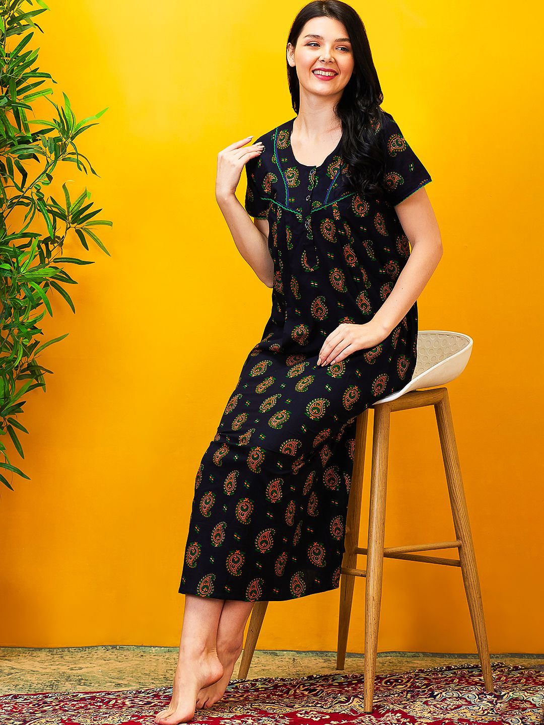 

AV2 Ethnic Motifs Printed Nightdress, Navy blue