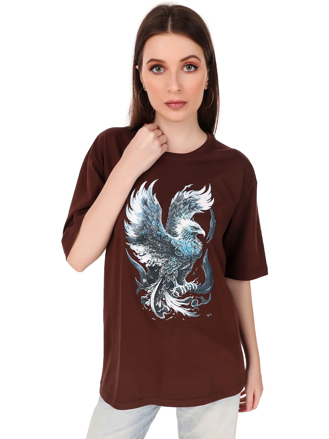 

TRENDY RABBIT Women Graphic Printed Round Neck Oversized T-shirt, Brown