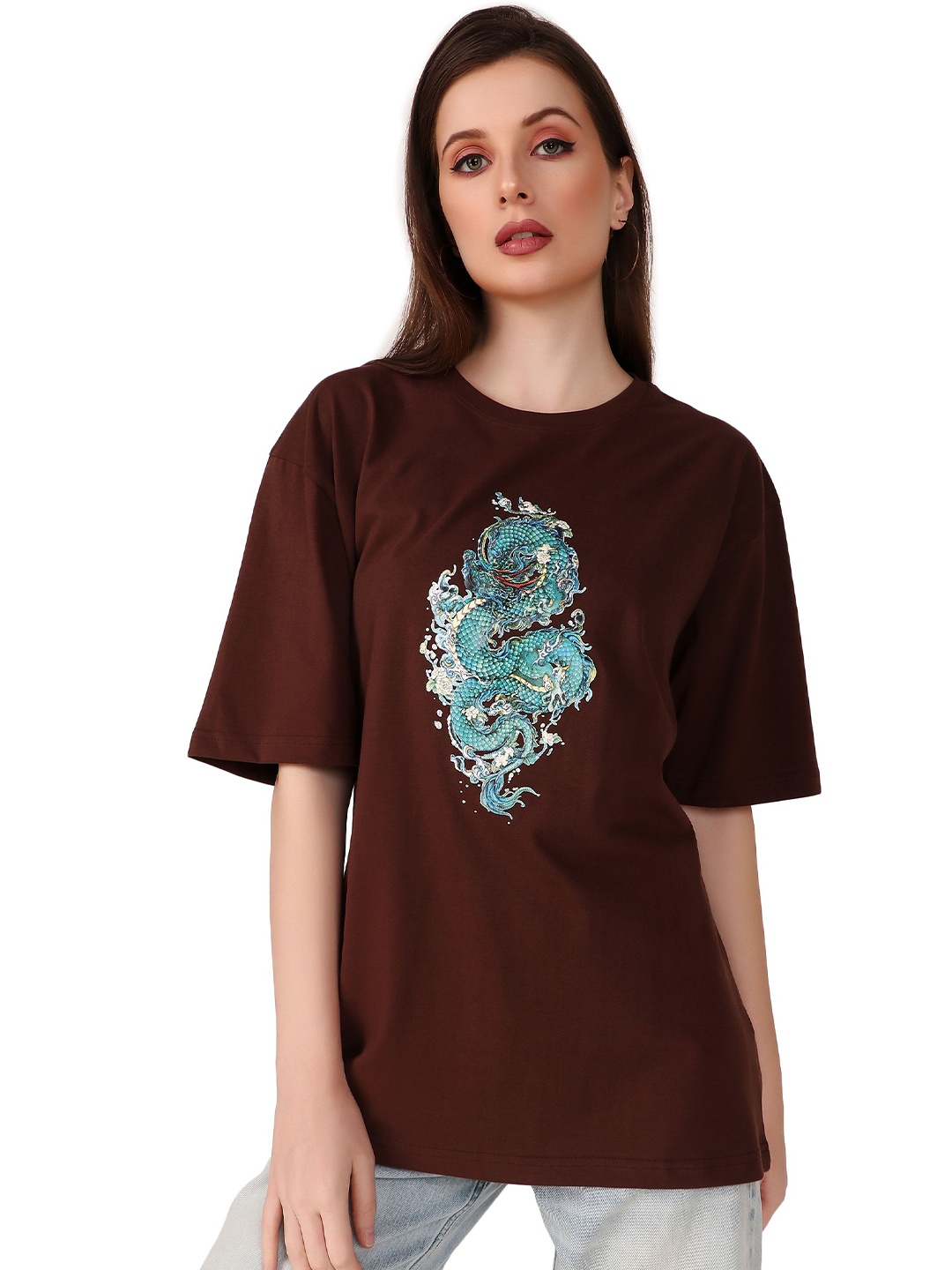 

TRENDY RABBIT Women Graphic printed Printed Round Neck T-shirt, Brown