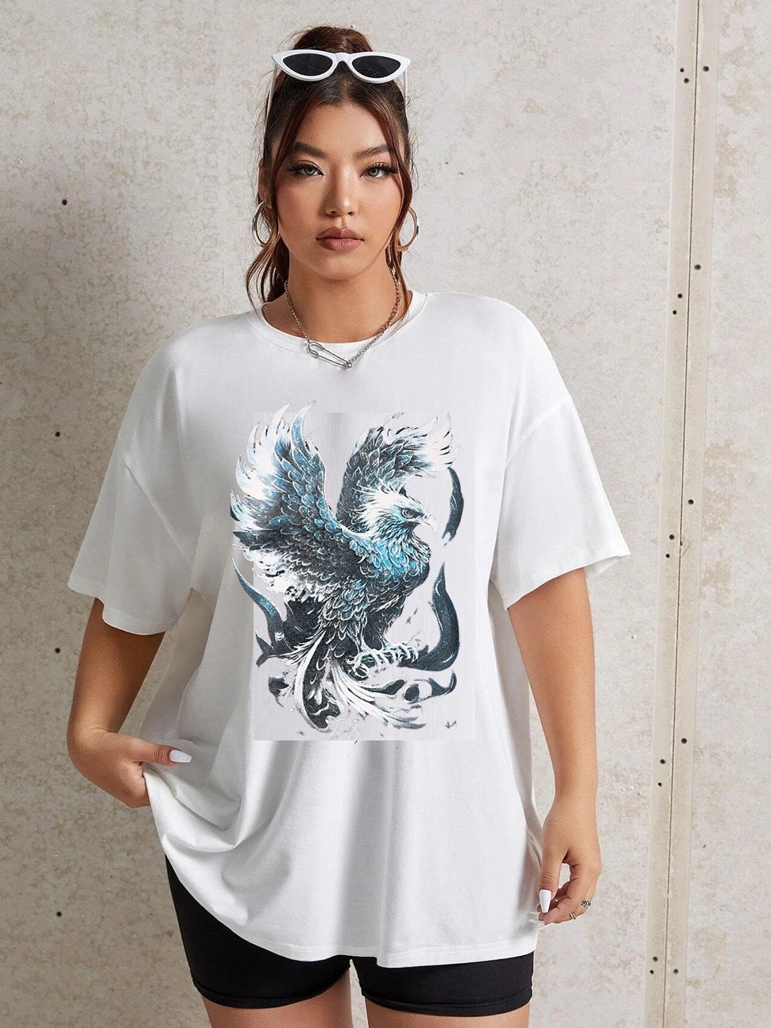 

TRENDY RABBIT Women Graphic Printed Round Neck Oversized T-shirt, White