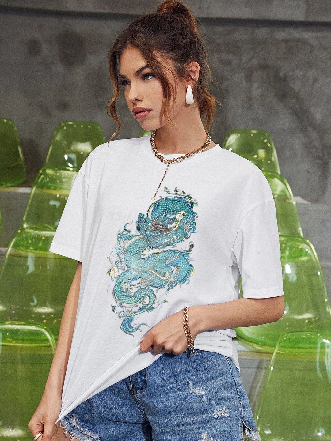 

TRENDY RABBIT Women Graphic Printed Round Neck Oversized T-shirt, White