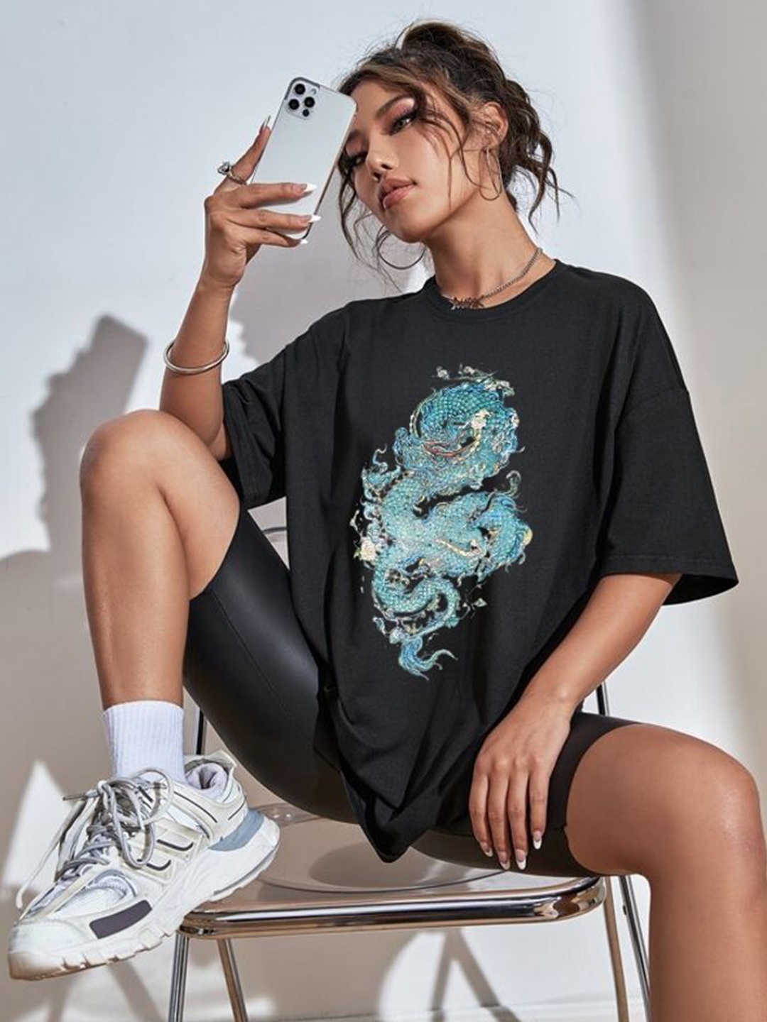 

TRENDY RABBIT Women Graphic Printed Round Neck Oversized T-shirt, Black