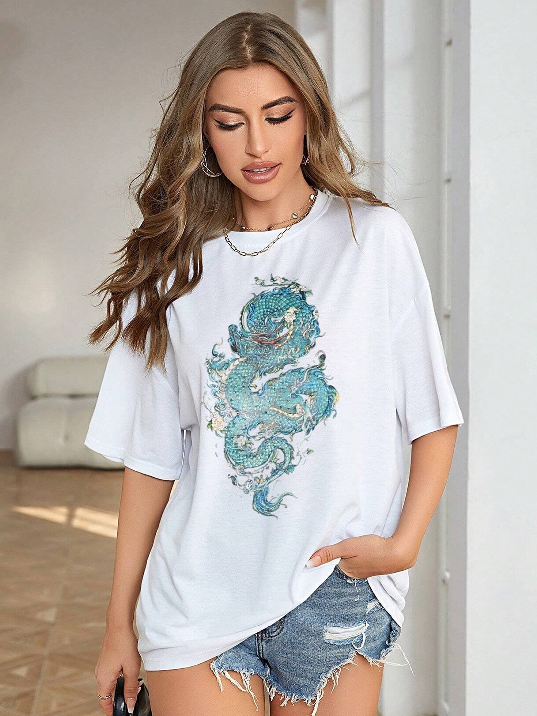 

TRENDY RABBIT Women Graphic Printed Round Neck Oversized T-shirt, White