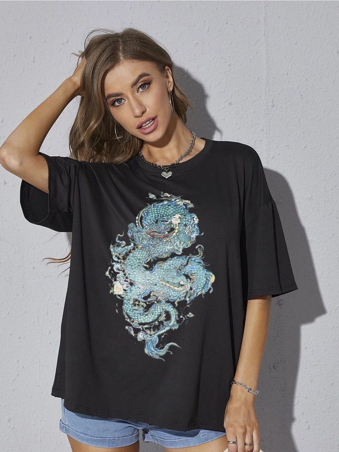 

TRENDY RABBIT Women Graphic Printed Round Neck Oversized T-shirt, Black