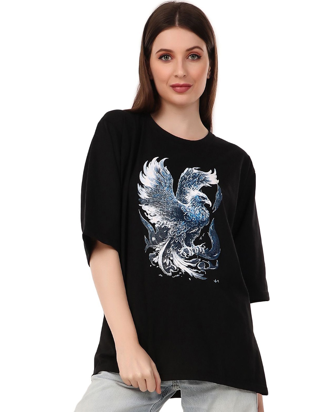 

TRENDY RABBIT Women Graphic Printed Round Neck Oversized T-shirt, Black