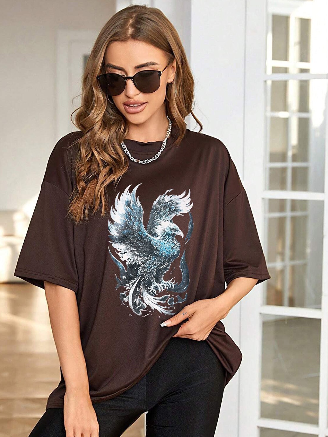 

TRENDY RABBIT Women Graphic Printed Round Neck Oversized T-shirt, Brown