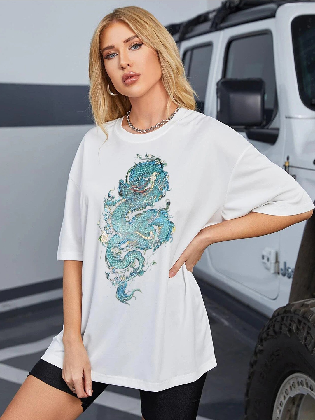 

TRENDY RABBIT Women Graphic Printed Round Neck Oversized T-shirt, White