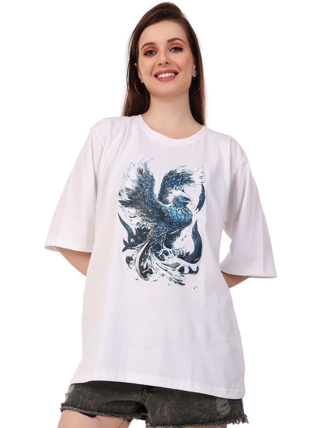 

TRENDY RABBIT Women Graphic Printed Round Neck Oversized T-shirt, White