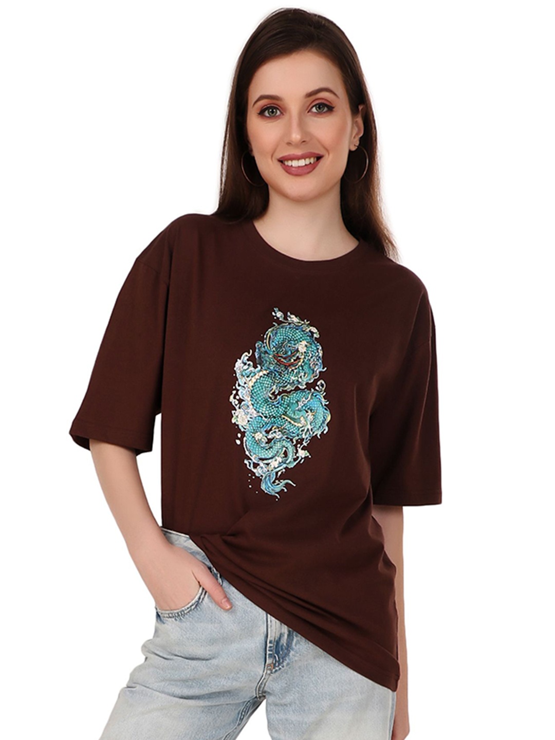 

TRENDY RABBIT Women Graphic Printed Round Neck Oversized T-shirt, Brown