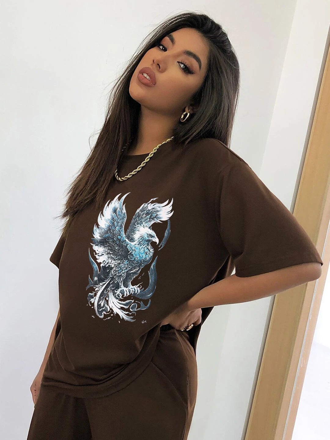 

TRENDY RABBIT Women Graphic Printed Round Neck Oversized T-shirt, Brown